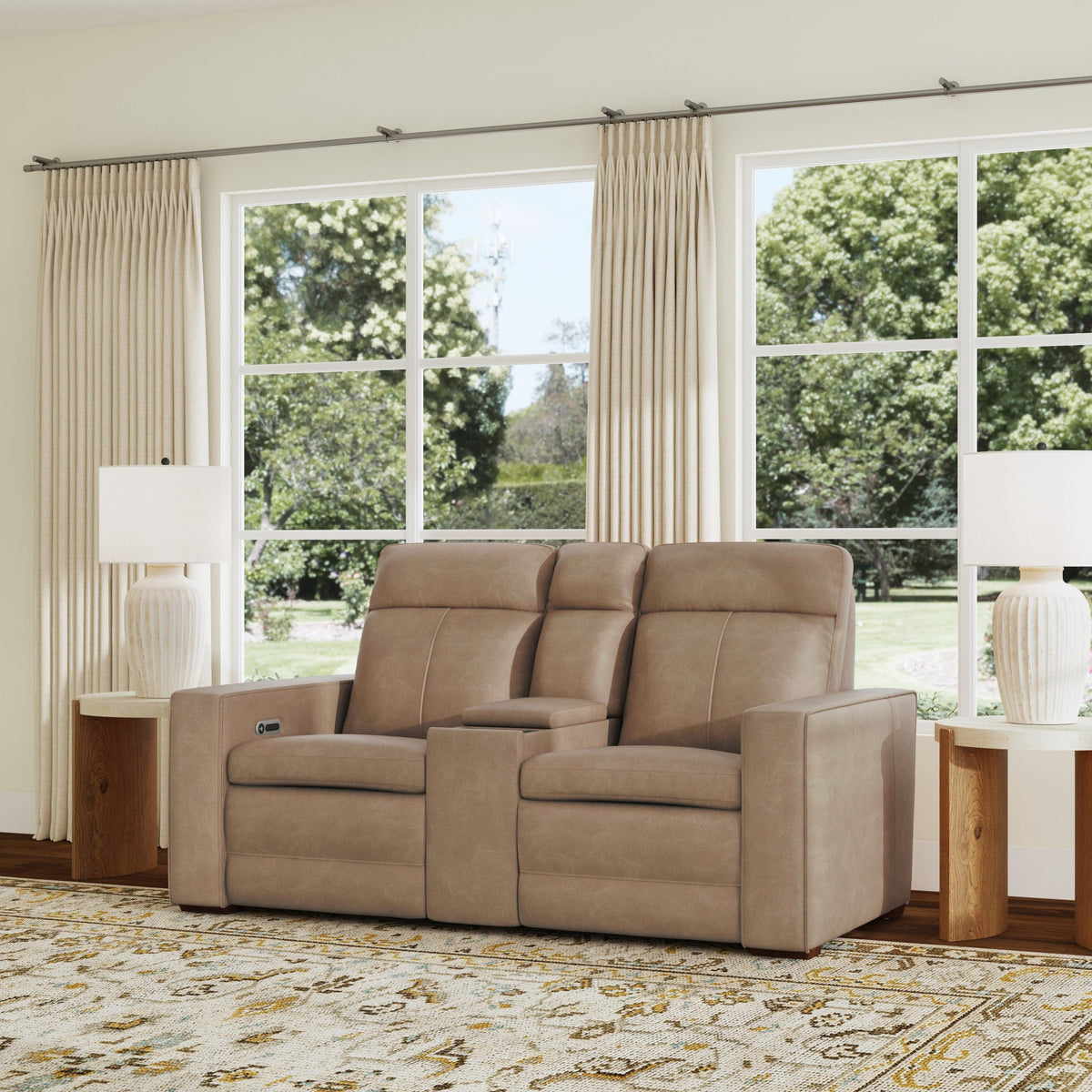 Dutch Leather Power Reclining Loveseat with Console, Power Headrest & Lumbar in Desert