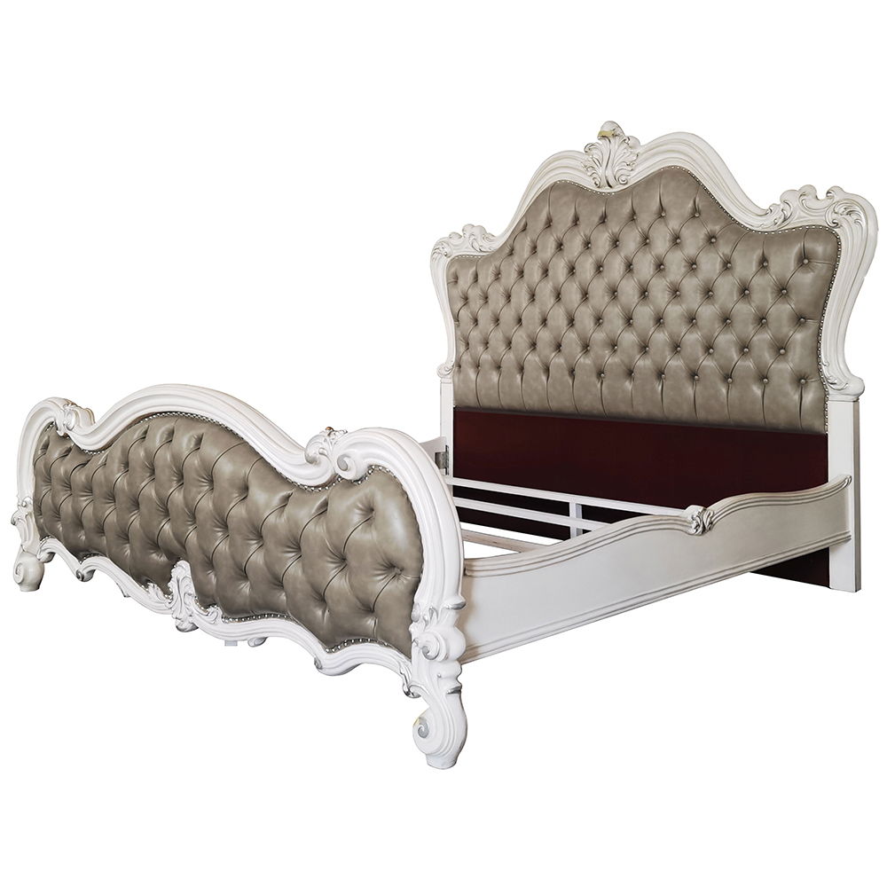 Versailles II - Eastern King Bed - Vintage Gray Synthetic Leather & Bone White