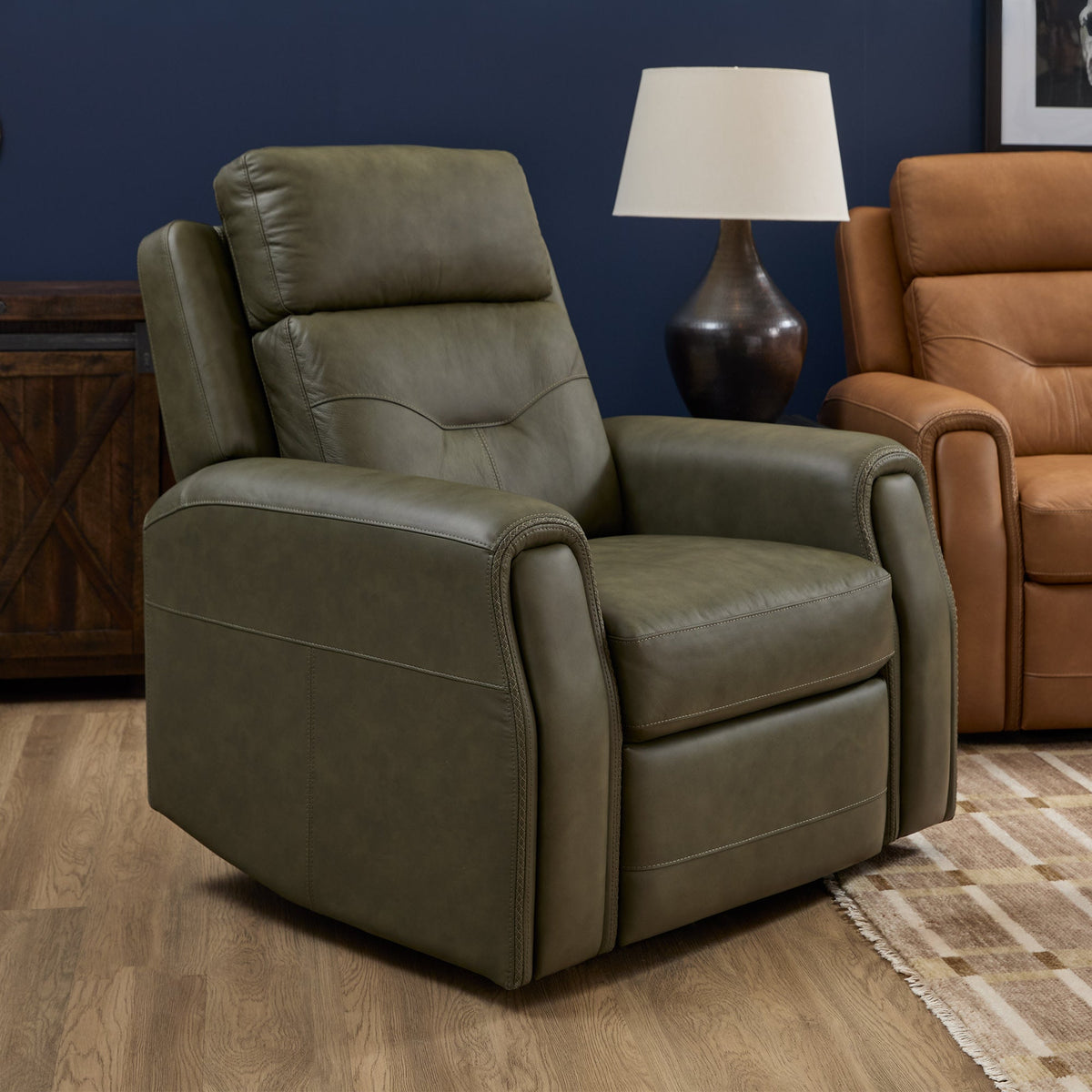 Felix Leather Power Recliner with Power Headrest, Lumbar, Heat & Massage in Forest Green