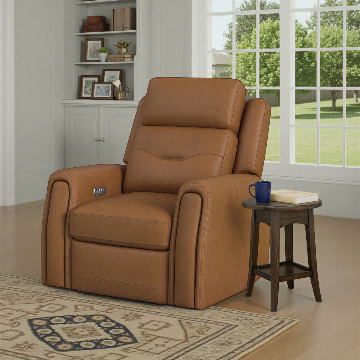 Felix Leather Power Recliner with Power Headrest, Lumbar, Heat & Massage in Toasted Almond