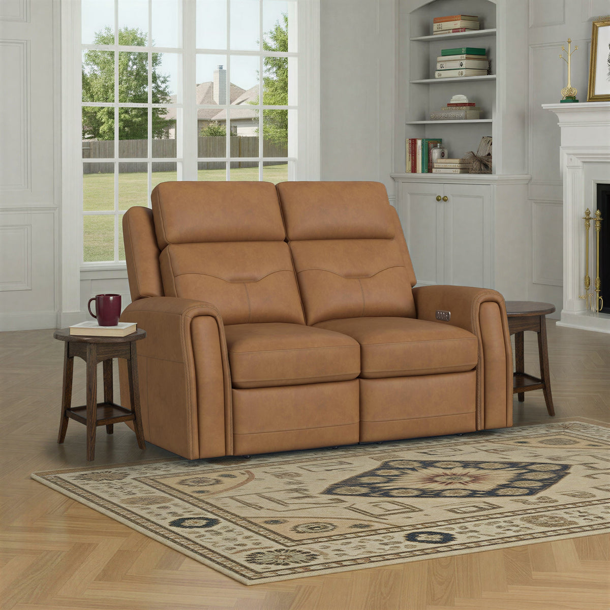 Felix Leather Power Reclining Loveseat with Power Headrest, Lumbar, Heat & Massage in Toasted Almond