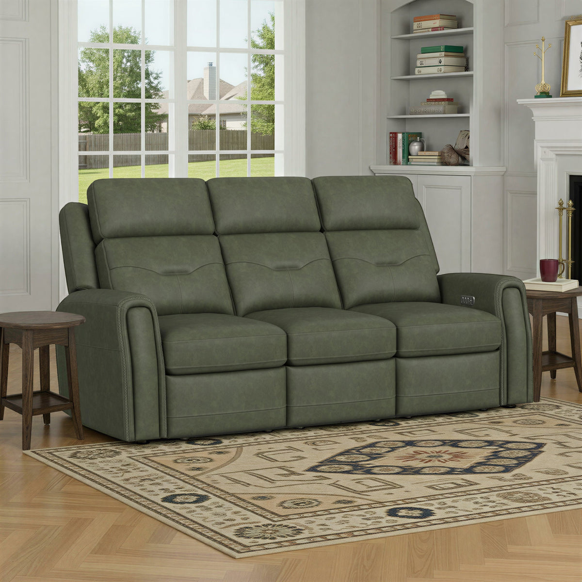 Felix Leather Power Reclining Sofa with Power Headrest, Lumbar, Heat & Massage in Forest Green