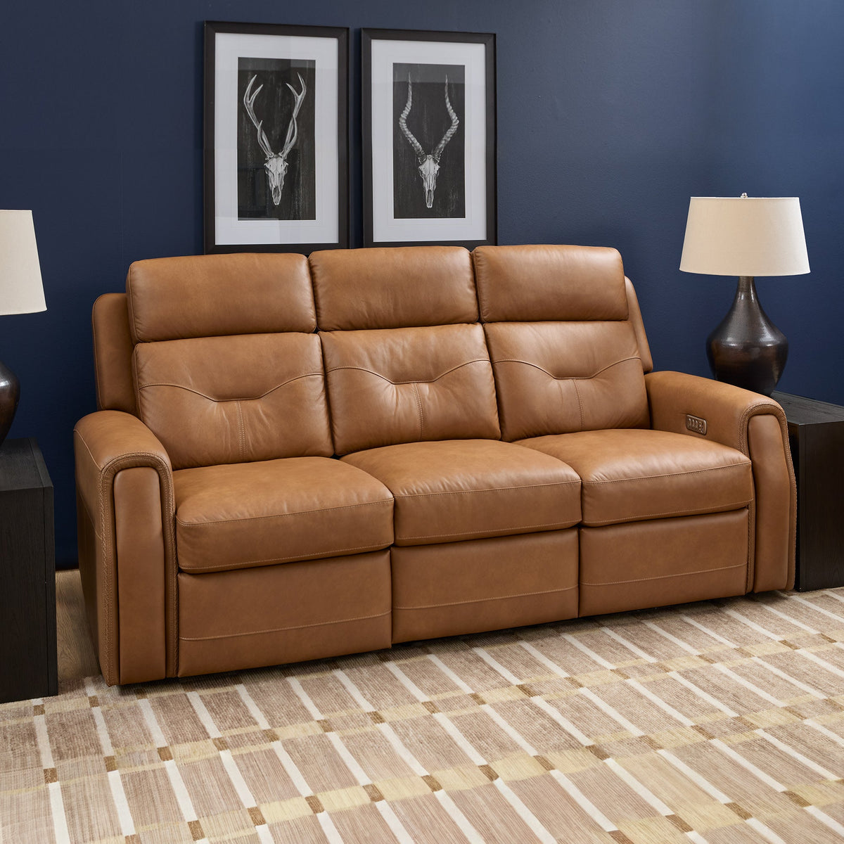 Felix Leather Power Reclining Sofa with Power Headrest, Lumbar, Heat & Massage in Toasted Almond