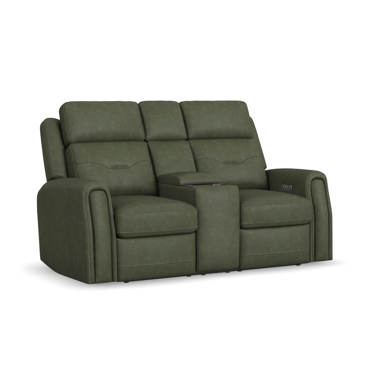 Felix Leather Power Reclining Loveseat with Console, Power Headrest, Lumbar, Heat & Massage in Forest Green