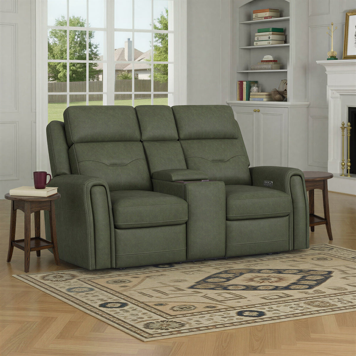 Felix Leather Power Reclining Loveseat with Console, Power Headrest, Lumbar, Heat & Massage in Forest Green