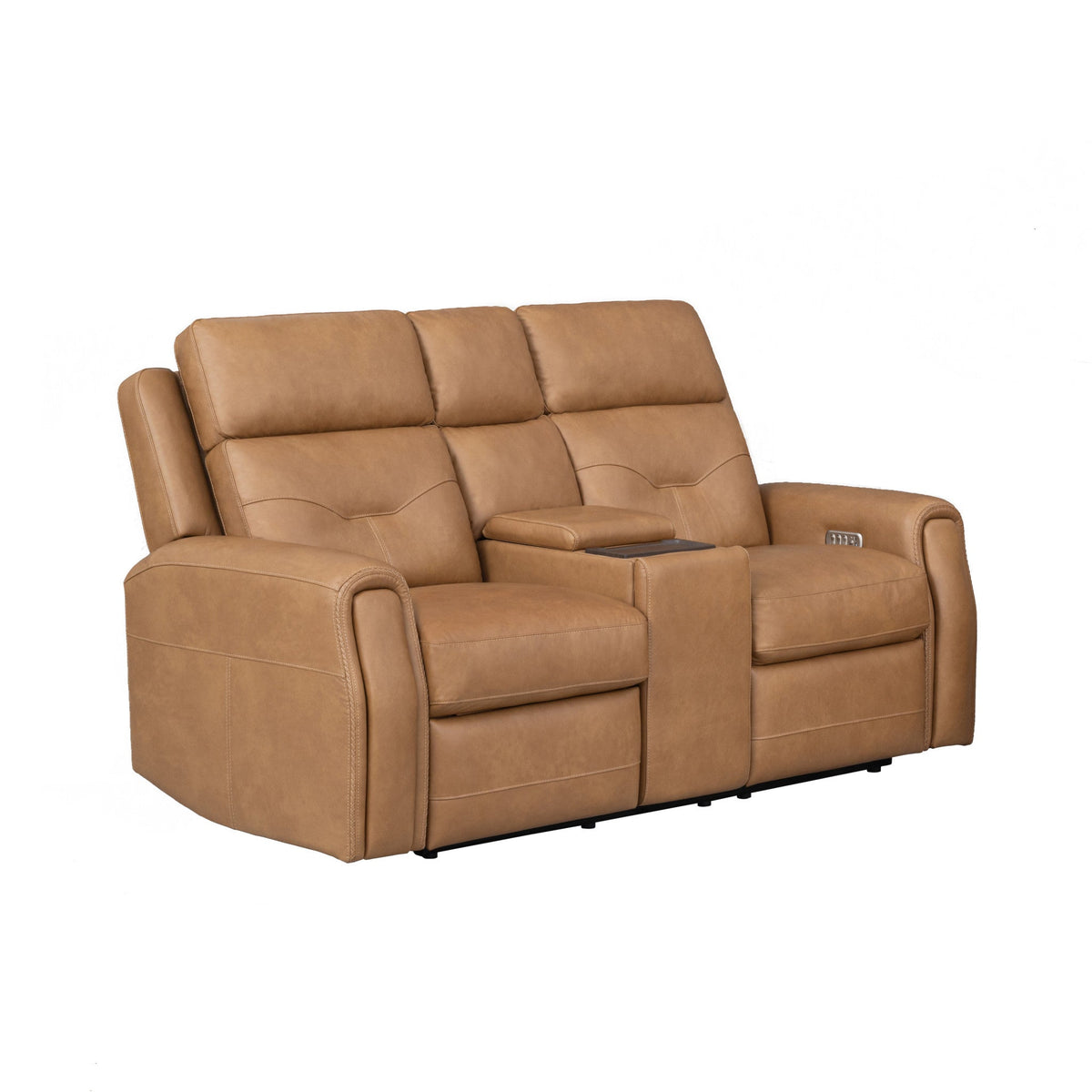 Felix Leather Power Reclining Loveseat with Console, Power Headrest, Lumbar, Heat & Massage in Toasted Almond