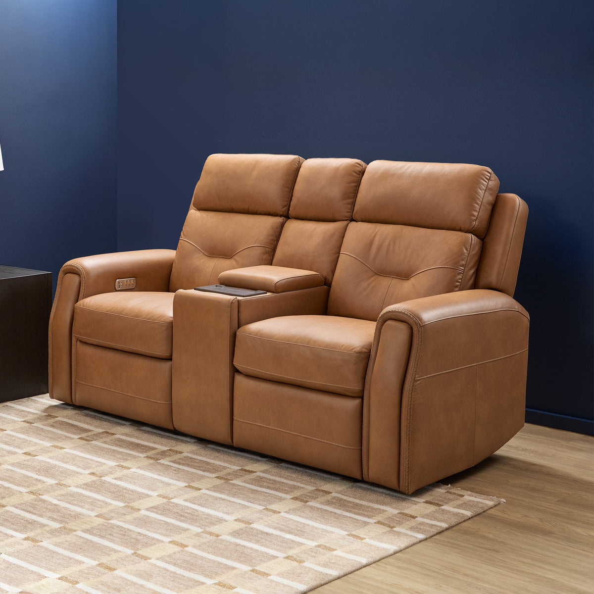 Felix Leather Power Reclining Loveseat with Console, Power Headrest, Lumbar, Heat & Massage in Toasted Almond
