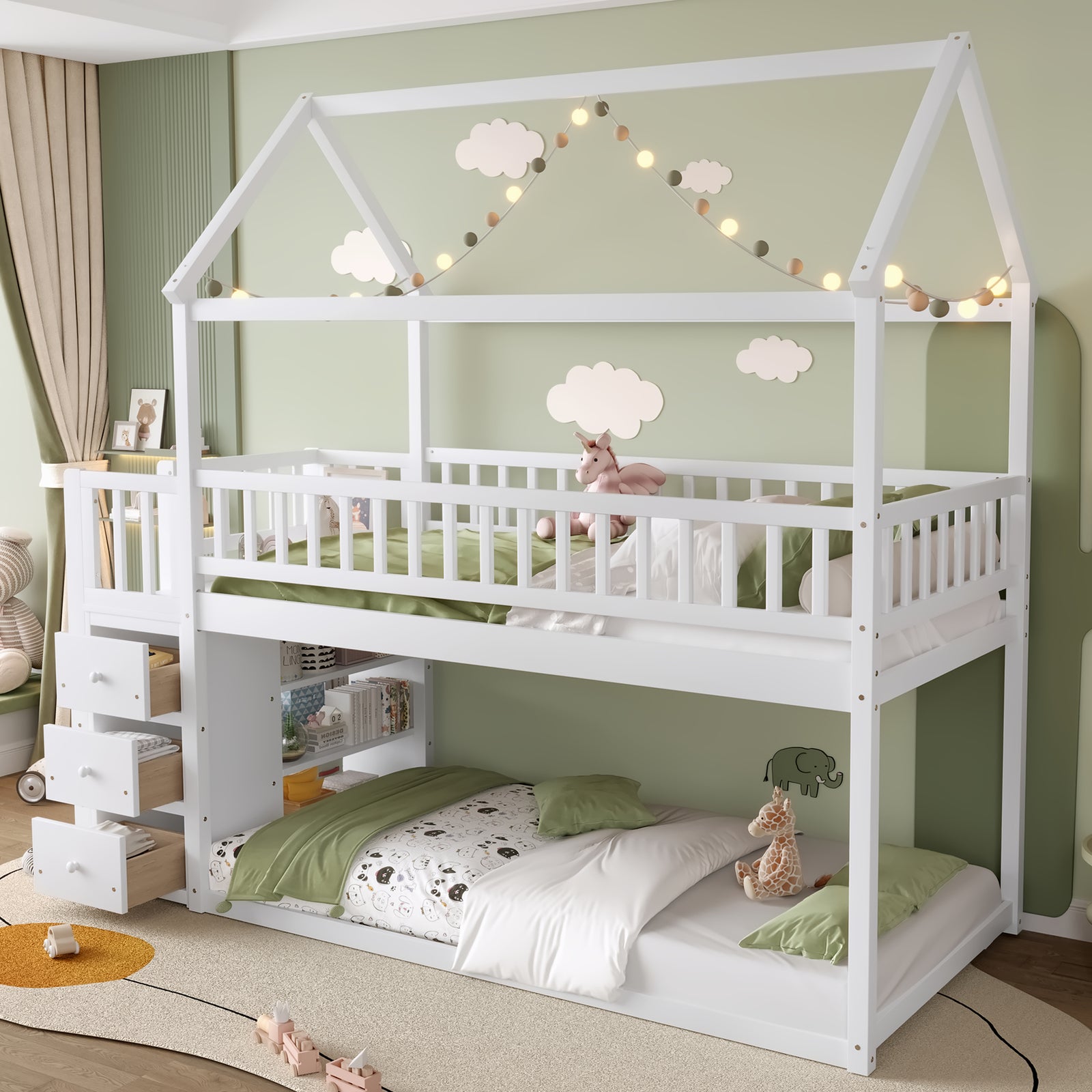 twin-twin-house-bunk-bed-with-shelves-and-drawers-white-color
