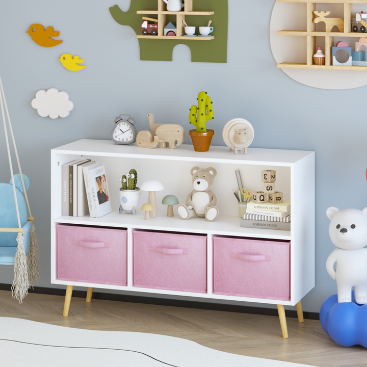 modern-kids-bookcase-with-collapsible-fabric-drawers-childrens-book-display-toy-storage-white-pink-mdf-pine-legs