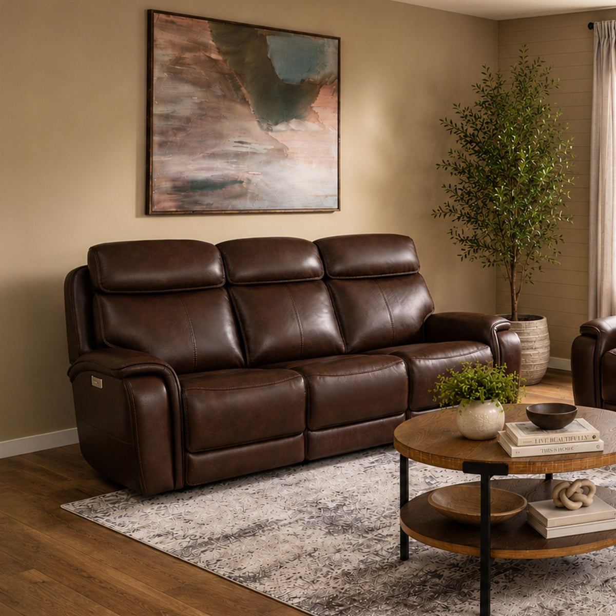 Walker Leather Power Reclining Sofa with Console, Power Headrest & Lumbar
