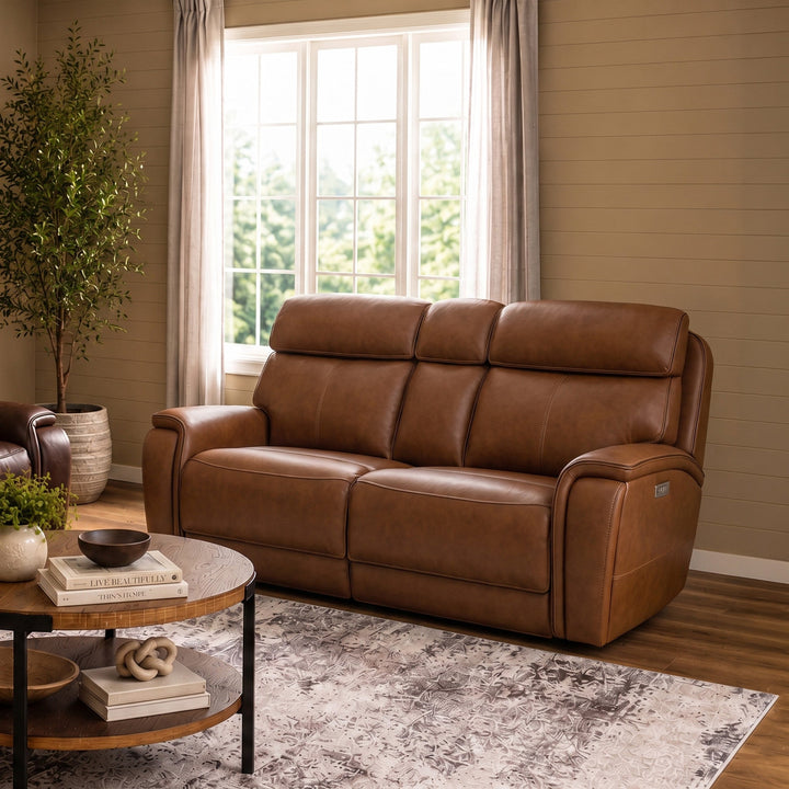 Walker Leather Power Reclining Loveseat with Console, Power Headrest &amp; Lumbar