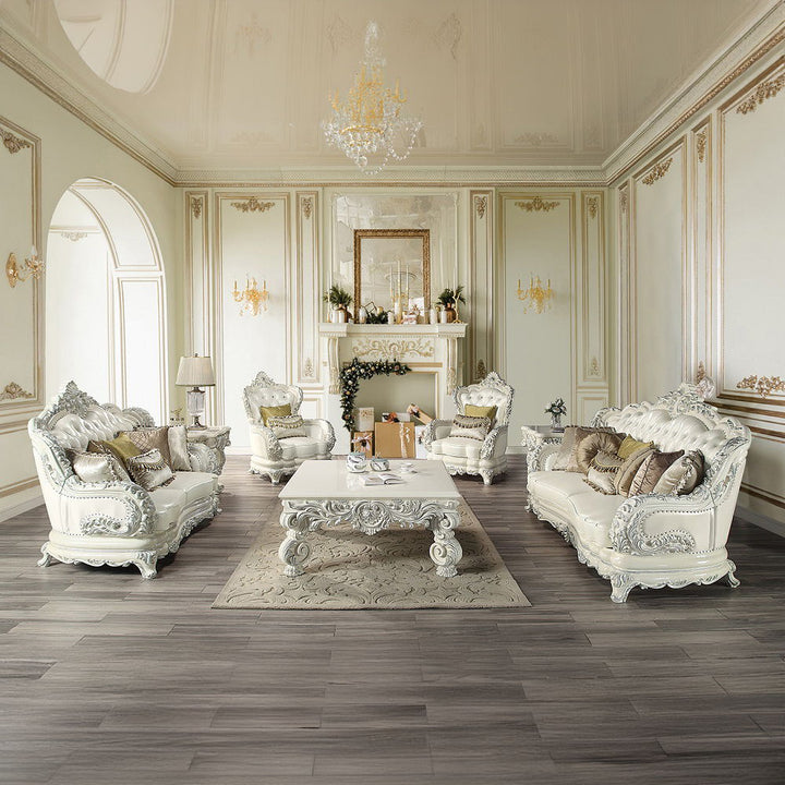 Adara - Sofa With 7 Pillows - Pearl White Synthetic Leather & Antique White