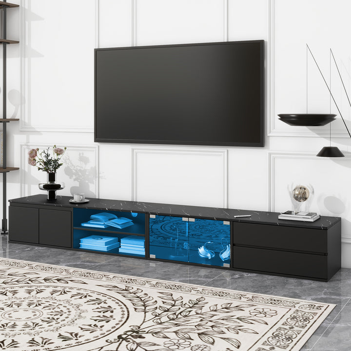 Modern APP Controlled LED, Faux Marble Tabletop with tempered Glass Doors, TV Stand for TVs Up to 105'',  Black