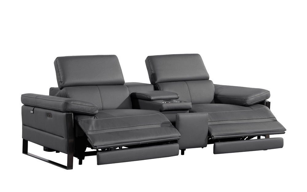 DivanItalia 1246 Modular Power Triple Reclining Sofa and Console Loveseat Set with Power Headrests – Top Grain Italian Leather - Dark Gray