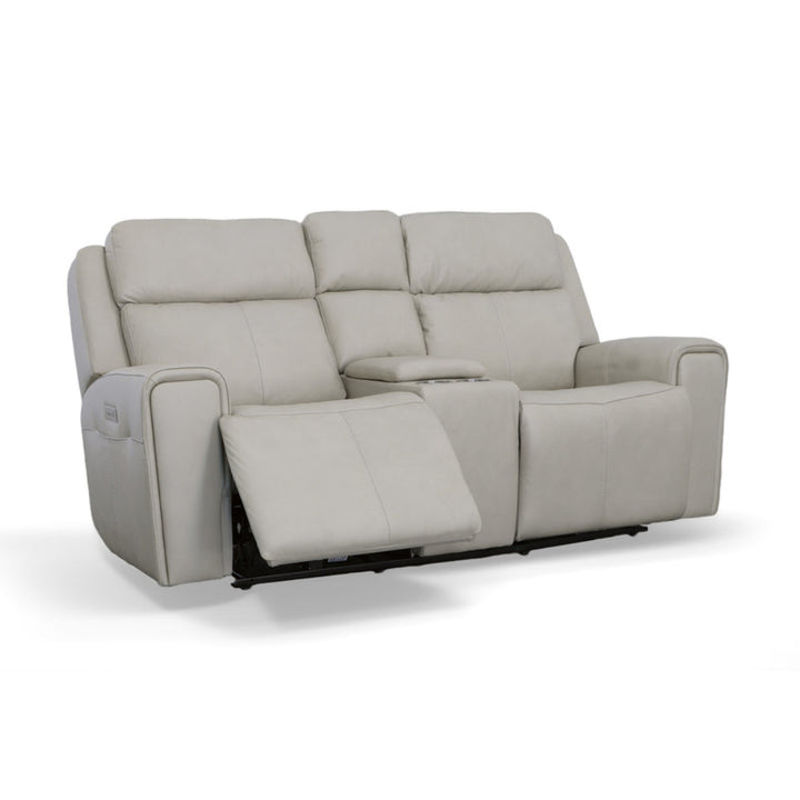 Barnett Gray Matters Leather Power Reclining Loveseat with Console, Power Headrests &amp; Lumbar