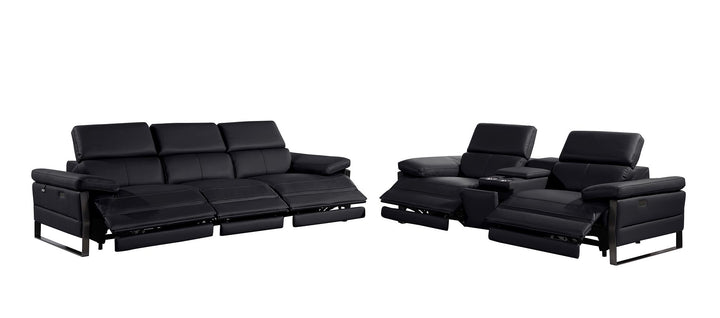 DivanItalia 1246 Modular Power Triple Reclining Sofa and Console Loveseat Set with Power Headrests – Top Grain Italian Leather - Black