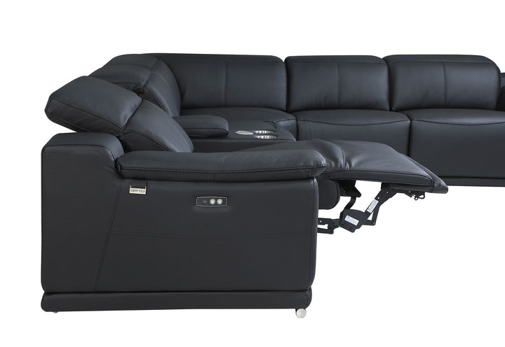 DivanItalia 9762 8-Piece L Shaped Top Grain Italian Leather Sectional Sofa with 4 Power Recliners - Black