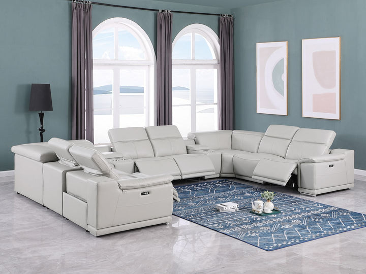 DivanItalia 9762 10-Piece U Shaped Top Grain Italian Leather Sectional Sofa with 4 Power Recliners - Light Gray