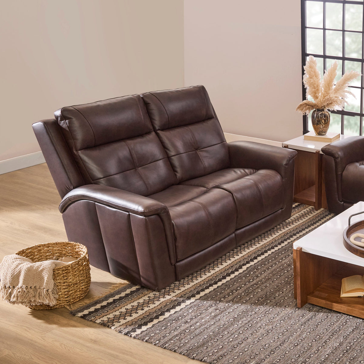 Ranger Leather Power Reclining Loveseat with Power Headrest, Lumbar, Heat & Massage in Rustic Brown