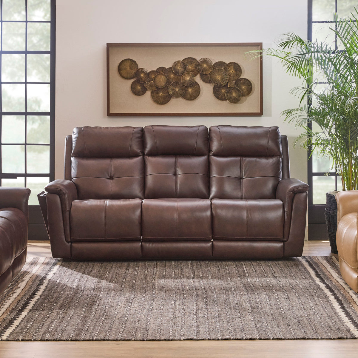 Ranger Leather Power Reclining Sofa with Console, Power Headrest, Lumbar, Heat & Massage in Rustic Brown