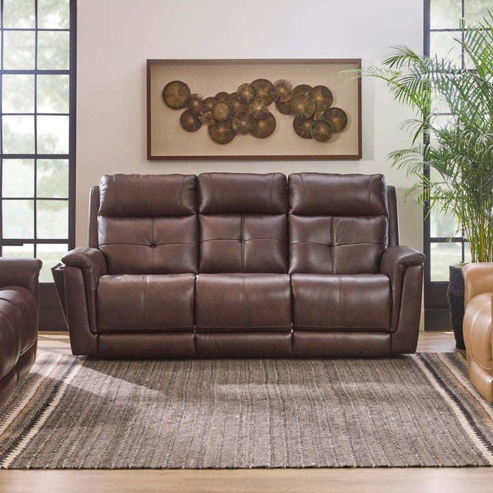 Ranger Leather Power Reclining Sofa with Console, Power Headrest, Lumbar, Heat &amp; Massage in Rustic Brown