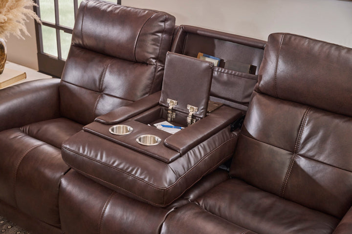 Ranger Leather Power Reclining Sofa with Console, Power Headrest, Lumbar, Heat &amp; Massage in Rustic Brown