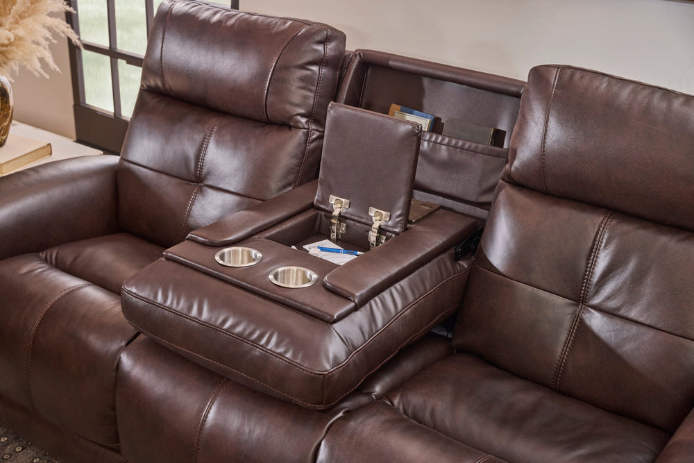 Ranger Leather Power Reclining Sofa with Console, Power Headrest, Lumbar, Heat & Massage in Rustic Brown