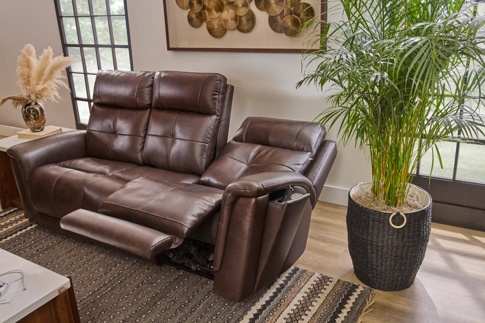 Ranger Leather Power Reclining Sofa with Console, Power Headrest, Lumbar, Heat & Massage in Rustic Brown