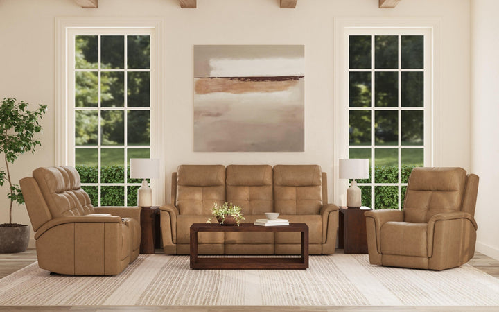 Ranger Leather Power Reclining Sofa with Console, Power Headrest, Lumbar, Heat &amp; Massage in Oakridge
