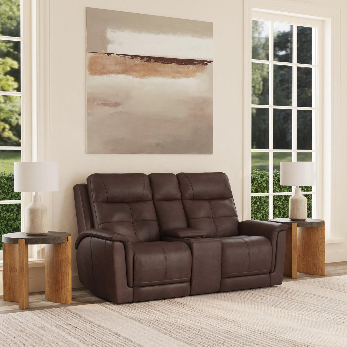 Ranger Leather Power Reclining Loveseat with Console, Power Headrest, Lumbar, Heat & Massage in Rustic Brown