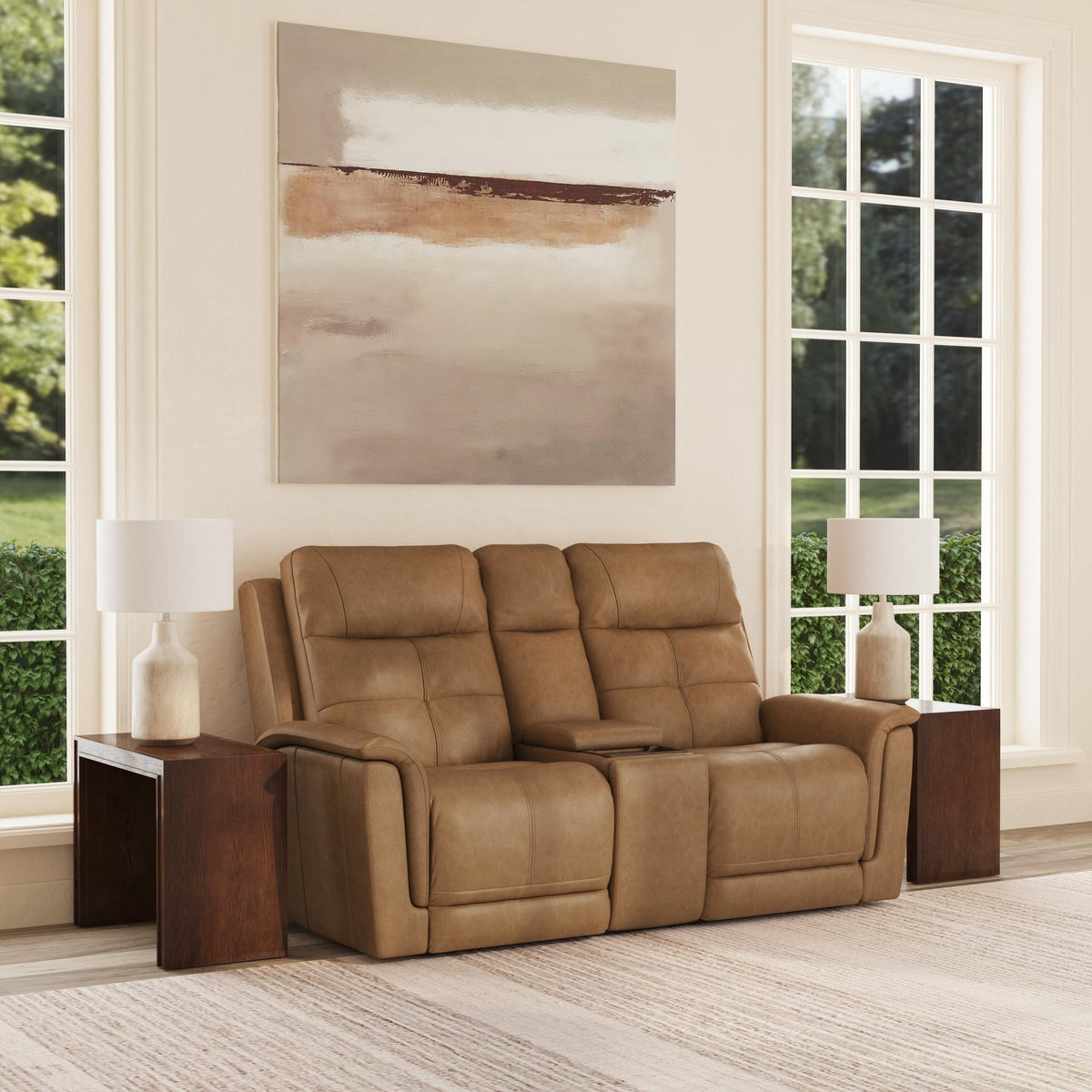 Ranger Leather Power Reclining Loveseat with Console, Power Headrest, Lumbar, Heat & Massage in Oakridge