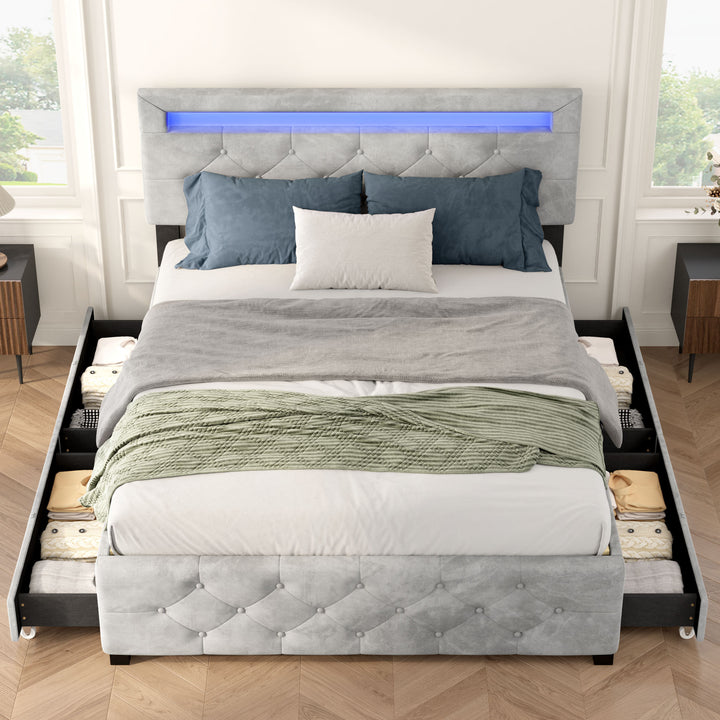 Queen Size Upholstered Platform Bed Frame with 4 Drawers and LED Light