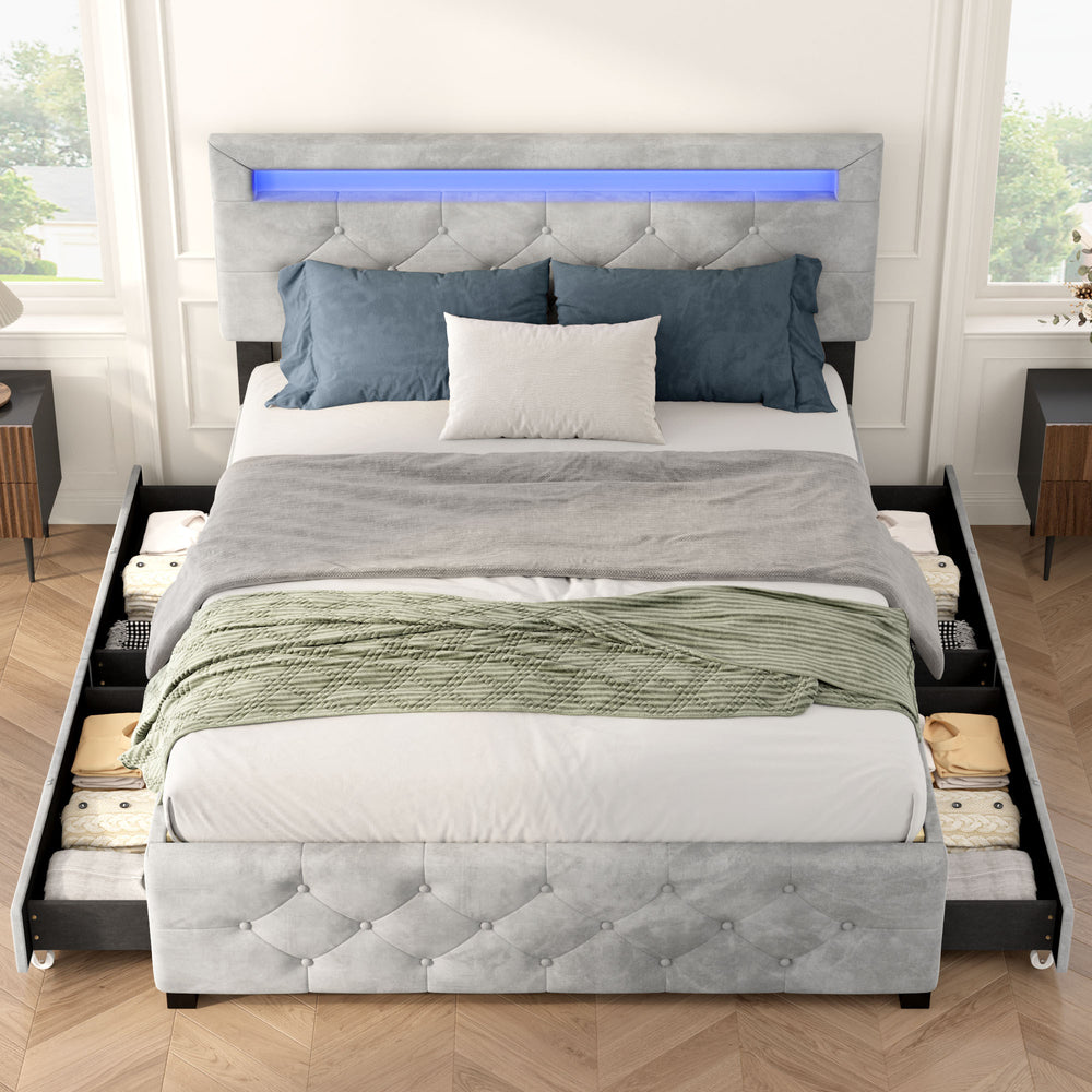 Queen Size Upholstered Platform Bed Frame with 4 Drawers and LED Light