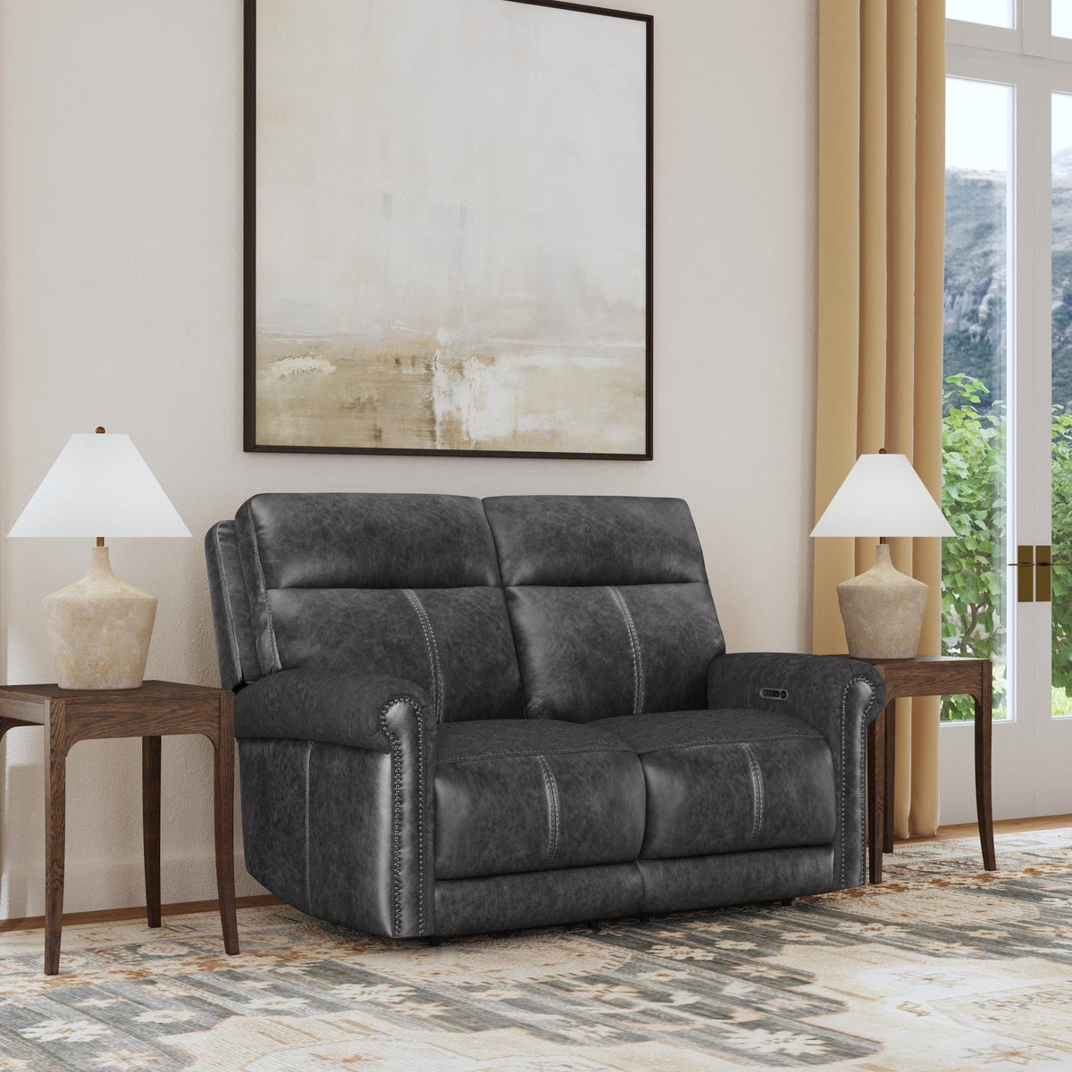 Alexander Leather Power Reclining Loveseat with Power Headrest & Lumbar in Weathered Stone