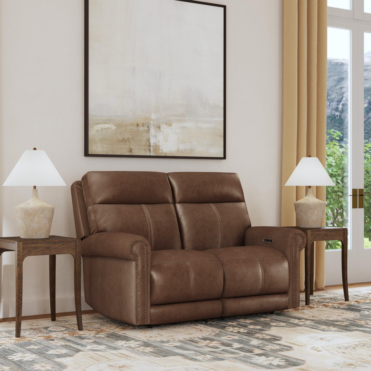 Alexander Leather Power Reclining Loveseat with Power Headrest & Lumbar in Tawny