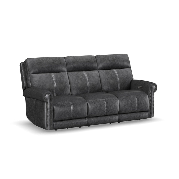 Alexander Leather Power Reclining Sofa with Console, Power Headrest &amp; Lumbar in Weathered Stone