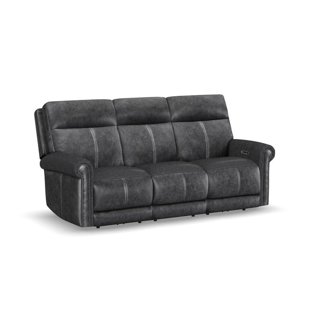 Alexander Leather Power Reclining Sofa with Console, Power Headrest & Lumbar in Weathered Stone