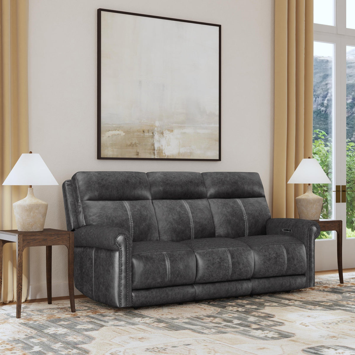 Alexander Leather Power Reclining Sofa with Console, Power Headrest & Lumbar in Weathered Stone