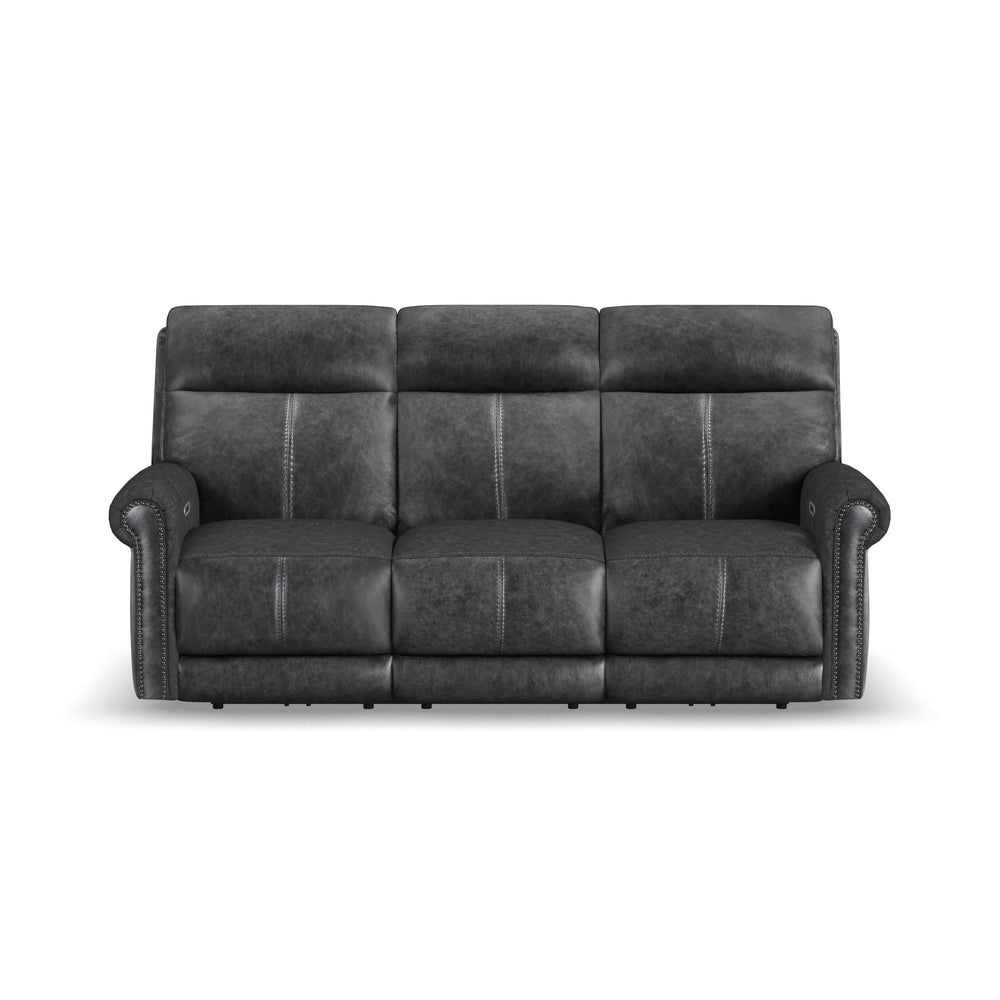Alexander Leather Power Reclining Sofa with Console, Power Headrest & Lumbar in Weathered Stone