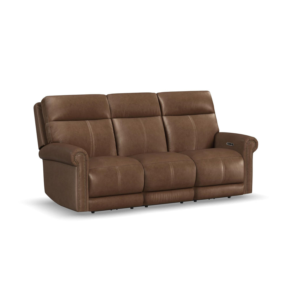 Alexander Leather Power Reclining Sofa with Console, Power Headrest & Lumbar in Tawny