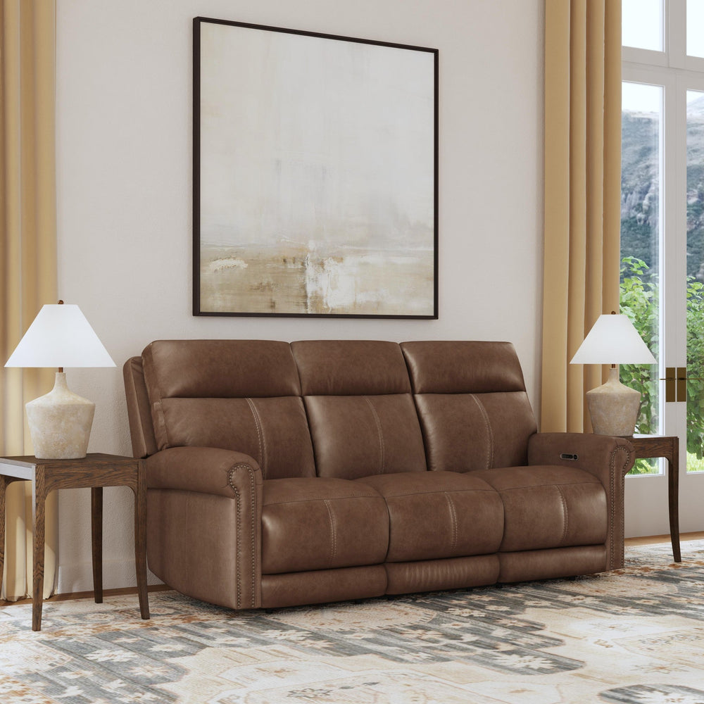 Alexander Leather Power Reclining Sofa with Console, Power Headrest & Lumbar in Tawny
