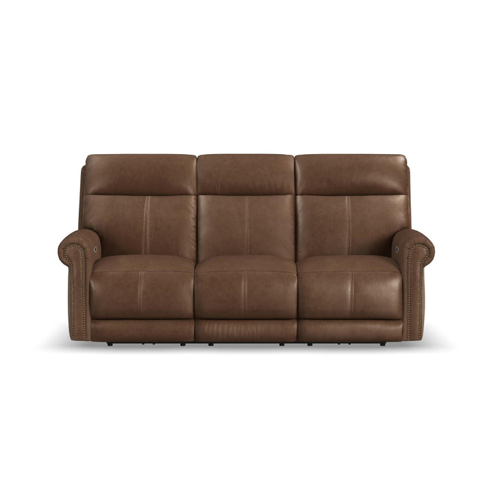 Alexander Leather Power Reclining Sofa with Console, Power Headrest &amp; Lumbar in Tawny