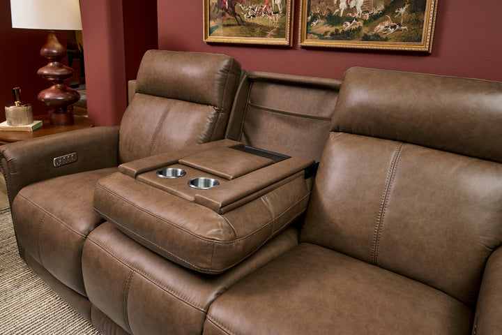 Alexander Leather Power Reclining Sofa with Console, Power Headrest &amp; Lumbar in Tawny