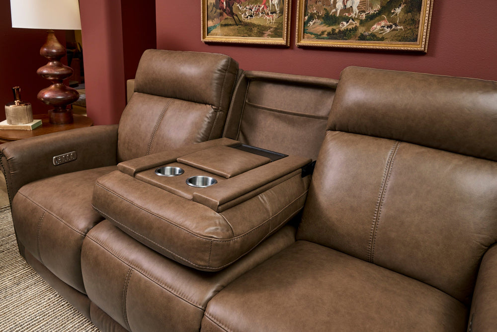 Alexander Leather Power Reclining Sofa with Console, Power Headrest & Lumbar in Tawny