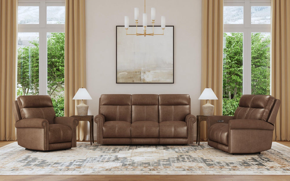 Alexander Leather Power Reclining Sofa with Console, Power Headrest & Lumbar in Tawny