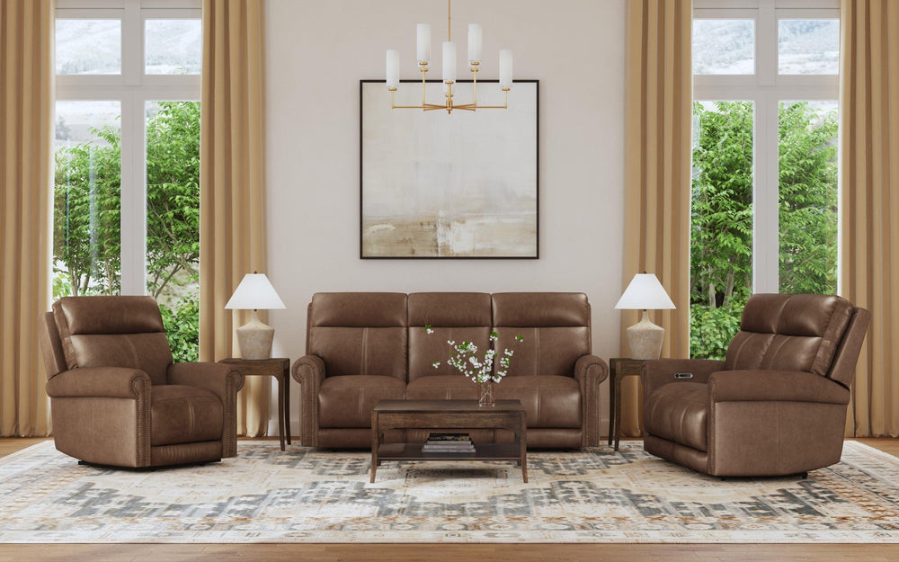 Alexander Leather Power Reclining Sofa with Console, Power Headrest & Lumbar in Tawny