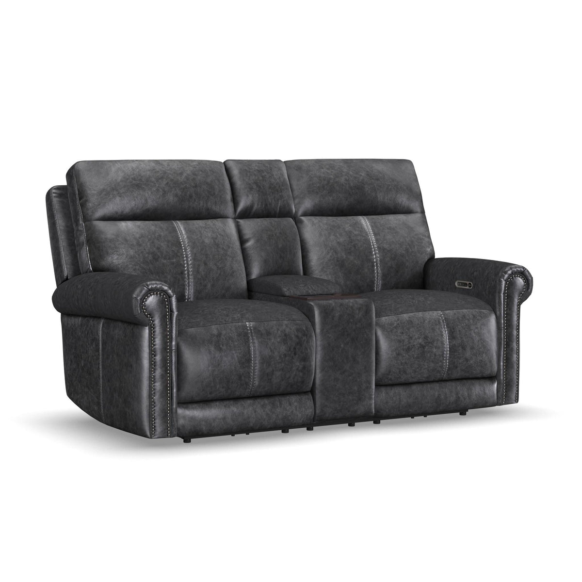 Alexander Leather Power Reclining Loveseat with Console, Power Headrest & Lumbar in Weathered Stone