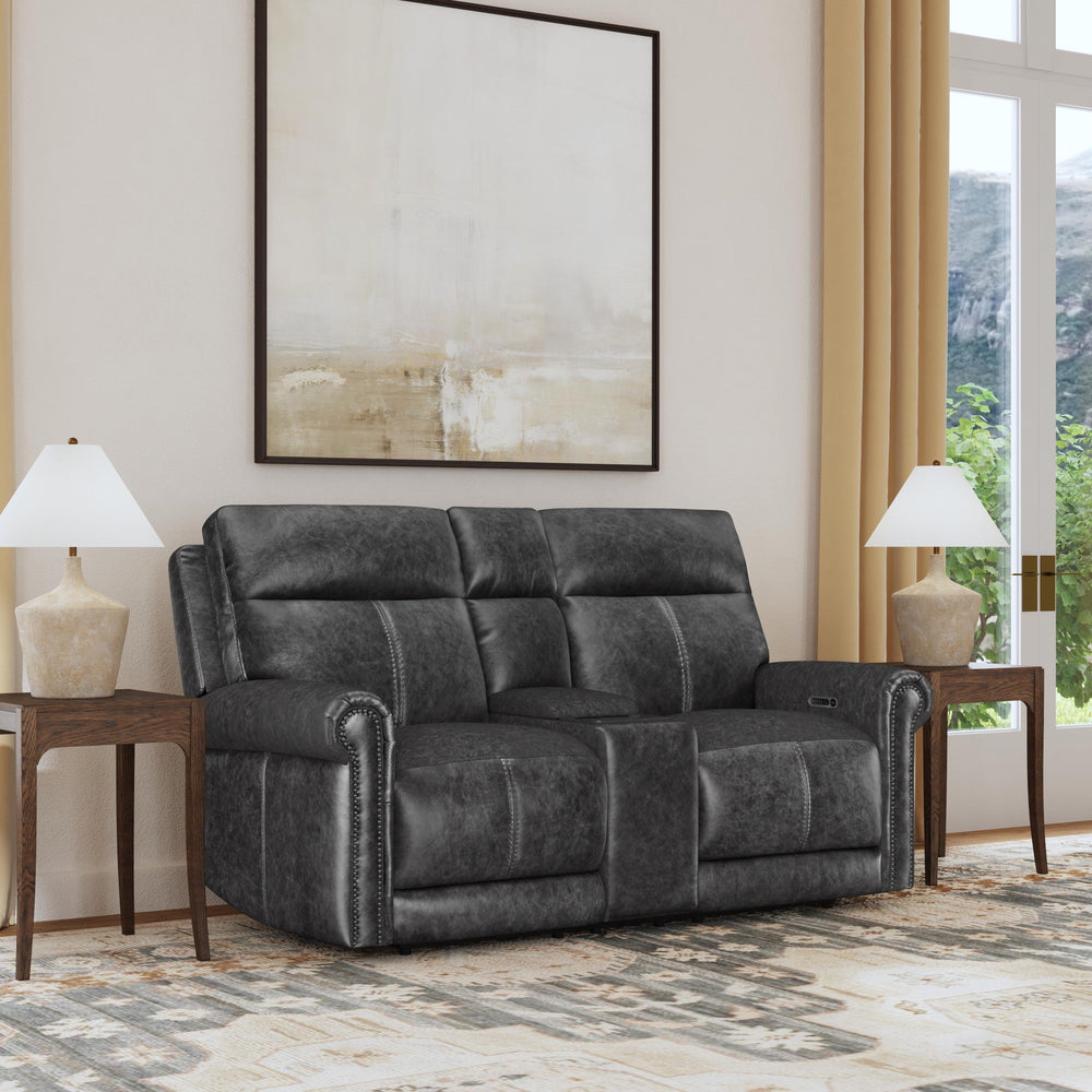 Alexander Leather Power Reclining Loveseat with Console, Power Headrest & Lumbar in Weathered Stone
