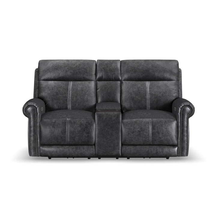 Alexander Leather Power Reclining Loveseat with Console, Power Headrest &amp; Lumbar in Weathered Stone