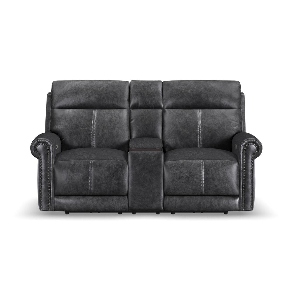 Alexander Leather Power Reclining Loveseat with Console, Power Headrest & Lumbar in Weathered Stone